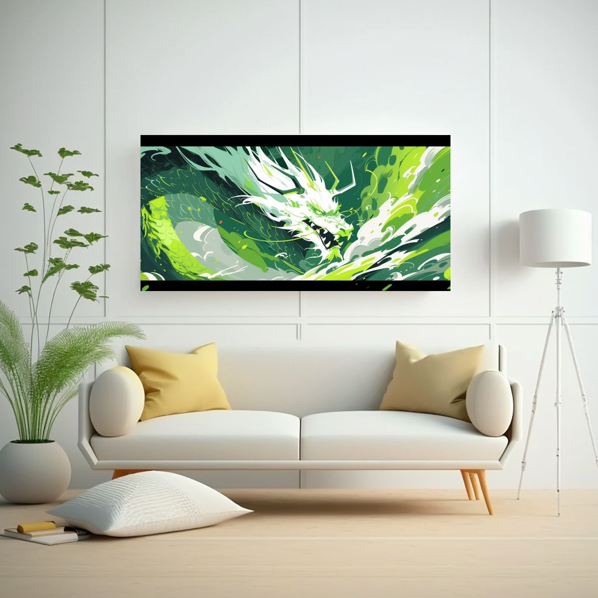 GENERICO - Cuadro Tela Dragón Verde Y Blanco Neonoir 100x50 Cm