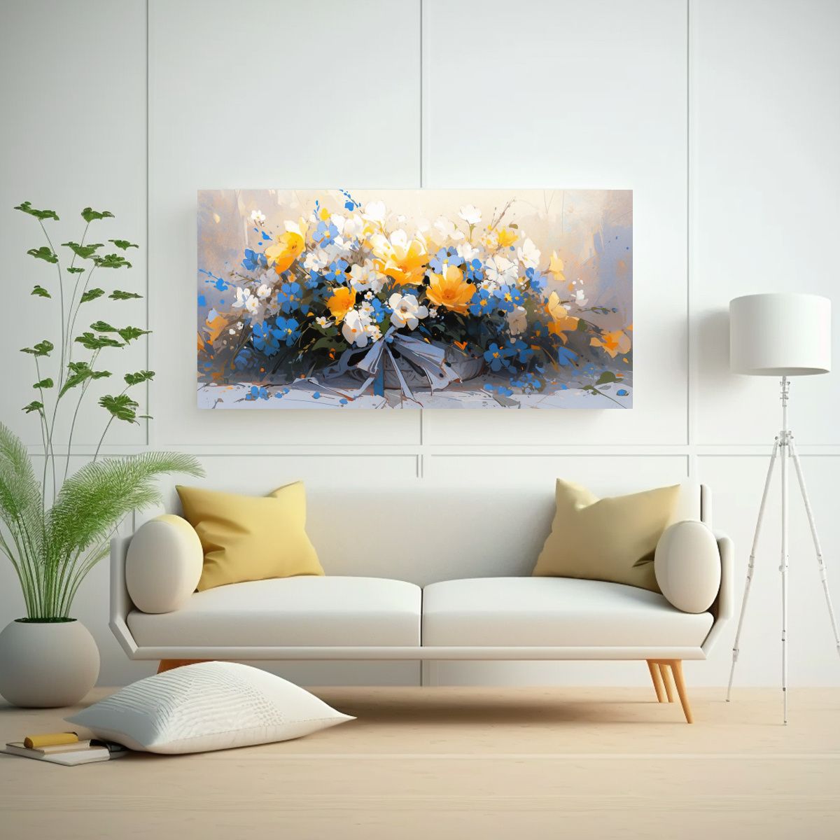 GENERICO - Cuadro Vanguardia Amarillo Y Azul Con Flores En 100x50 Cm