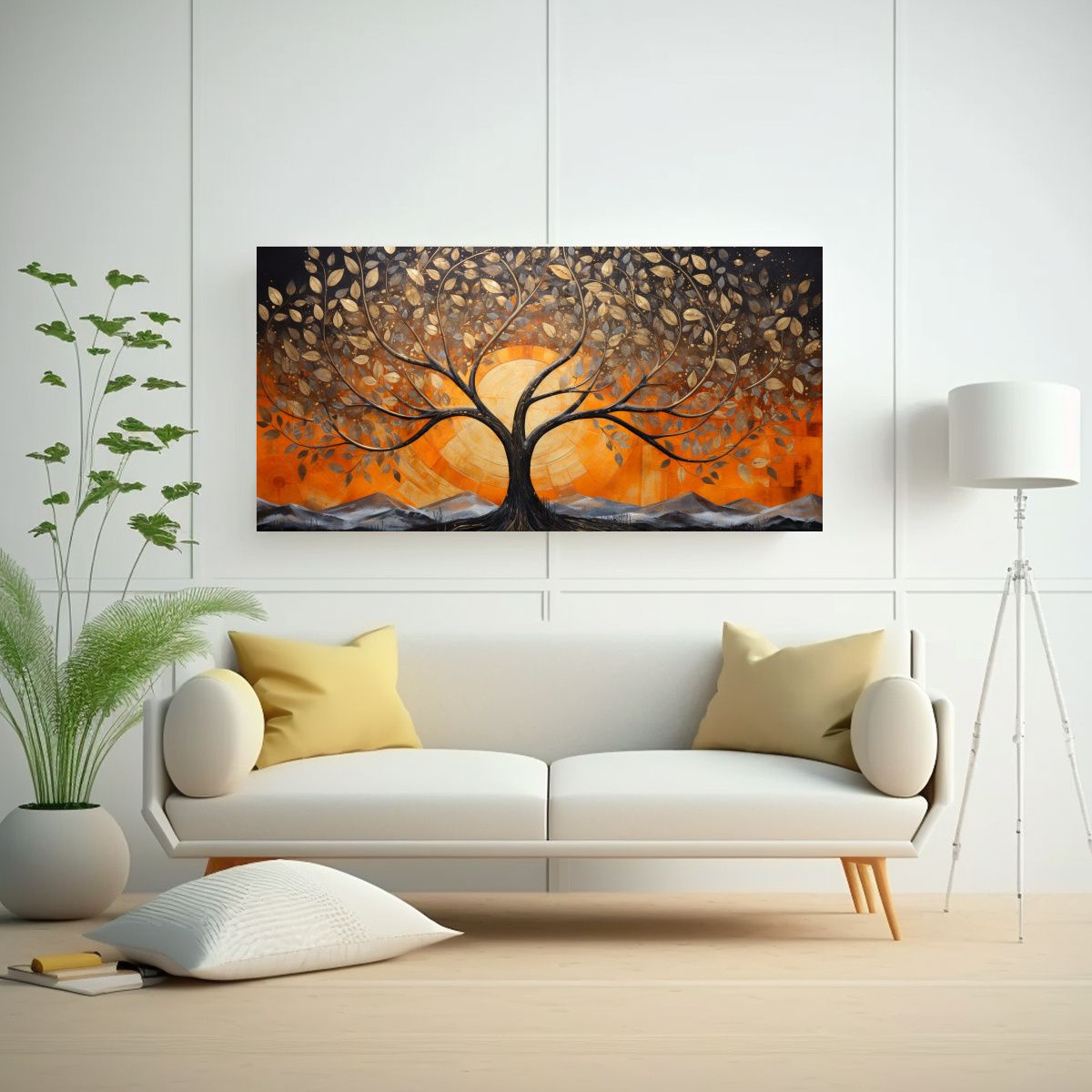 GENERICO - Pintura Decorativa Árbol Naranja Y Plateado En 100x50 Cm