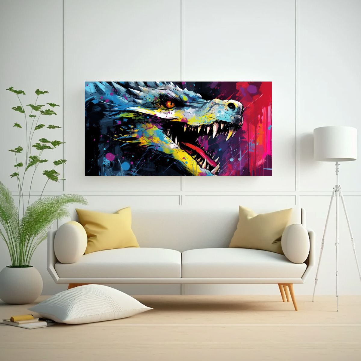 GENERICO - Cuadro Patron Dragon En Colores Vibrantes Y Negro 60x30 Cm