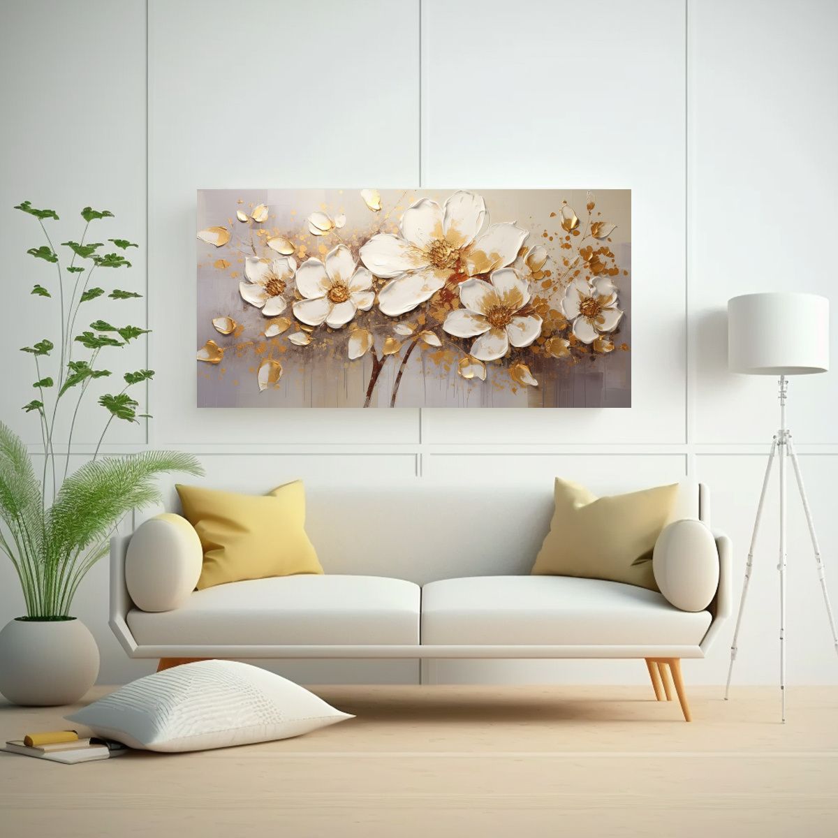 GENERICO - Pintura En Lienzo De Flores En Colores Dorados Al 80x40 Cm