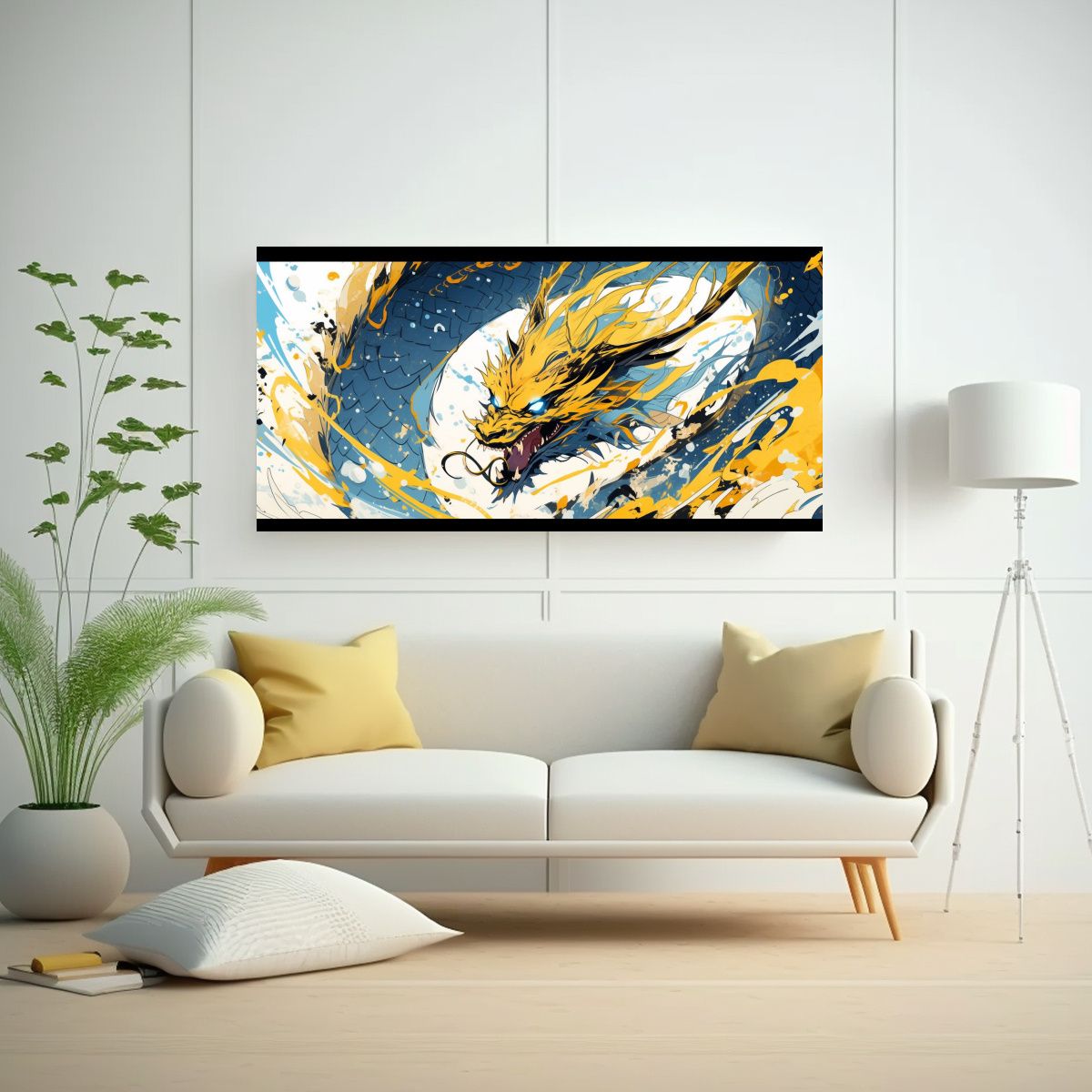 GENERICO - Cuadro Tela Canvas Dragón Amarillo Y Azul 100x50 Cm