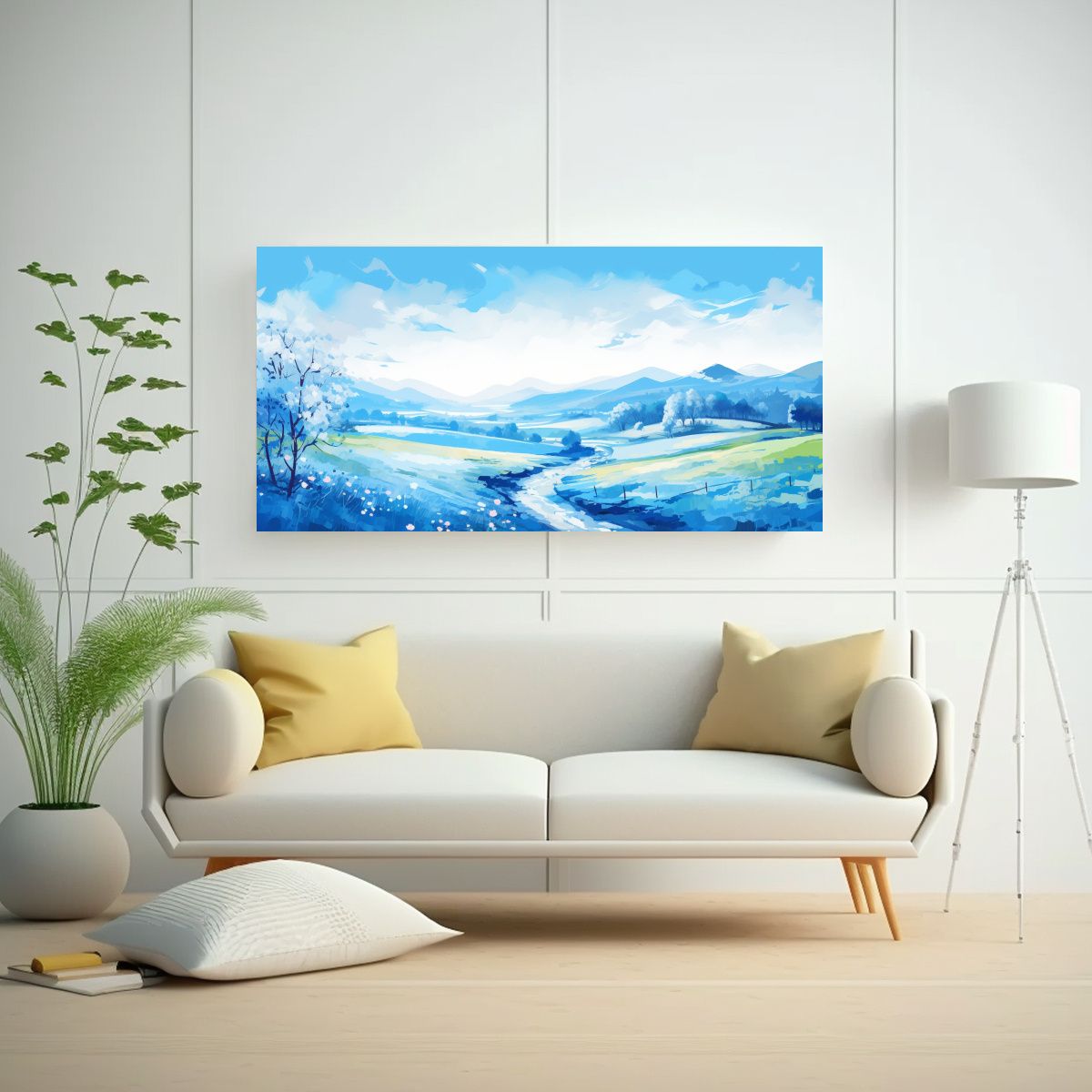 GENERICO - Paisaje Primaveral Con Colores Azules En Arte Pop 100x50 Cm