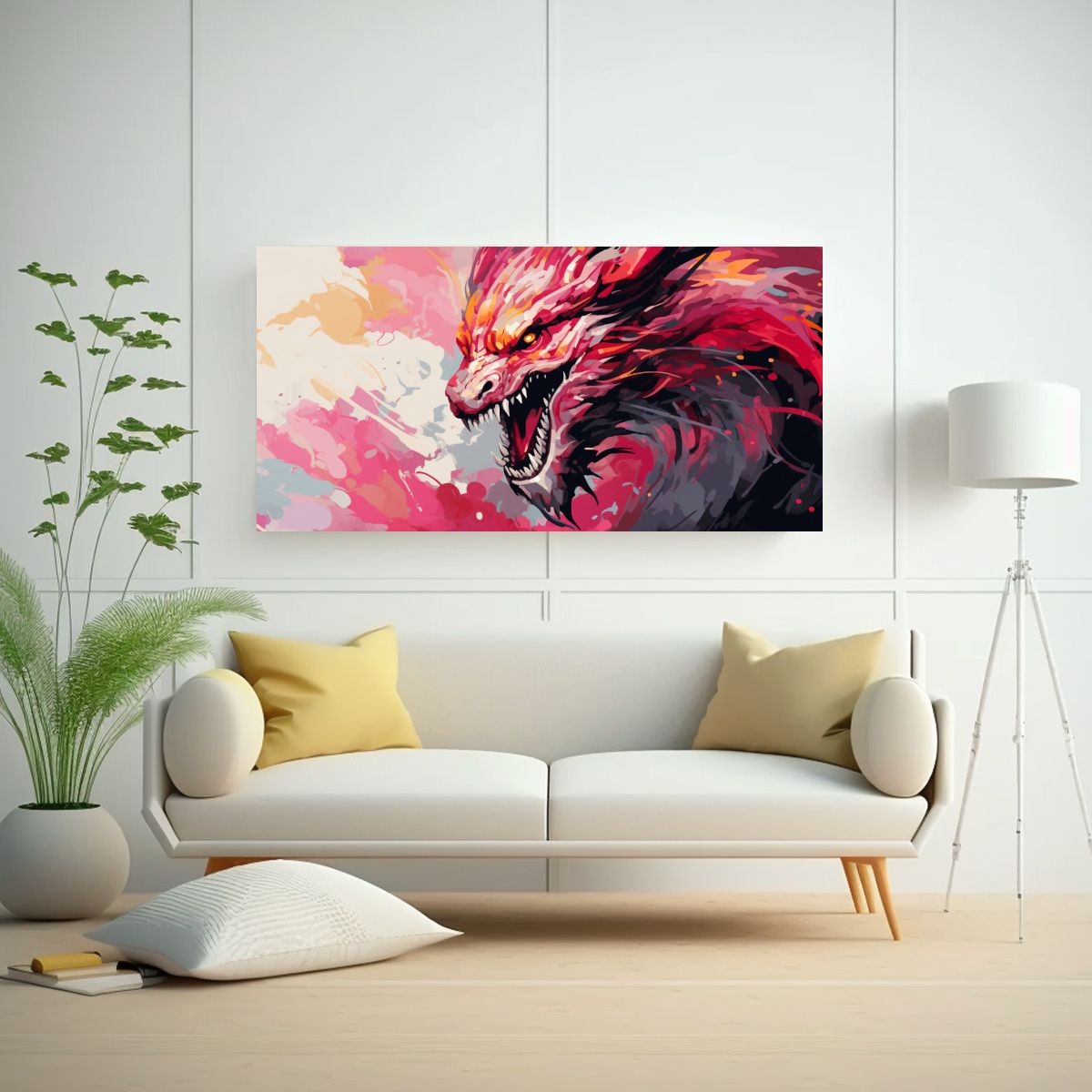 GENERICO - Pintura Enigmática Dragón En Pastel Y Rojo 80x40 Cm