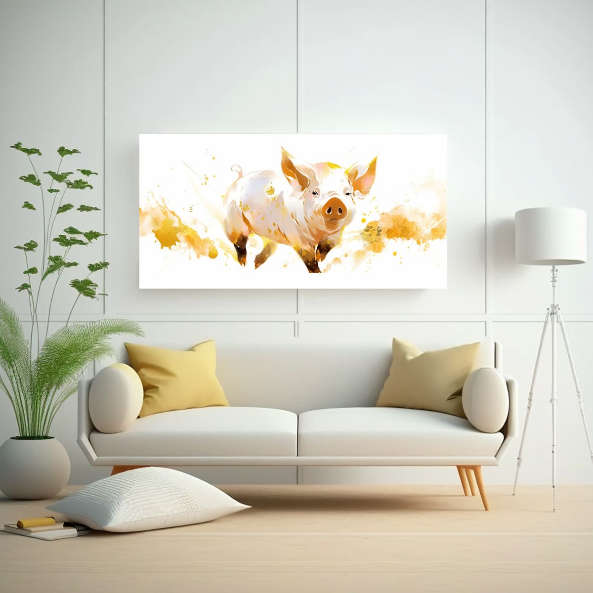 GENERICO - Cuadro Líneas Finas Pigs In White Y Gold Neo Pop 100x50 Cm