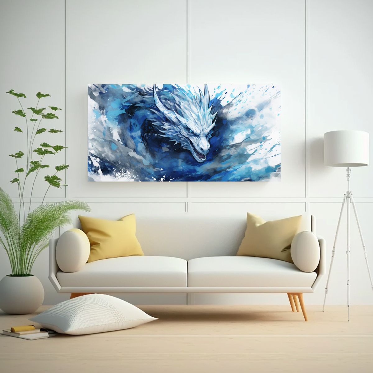 GENERICO - Cuadro Lienzo Tela Expresión Dragón Blanco Azul 60x30 Cm