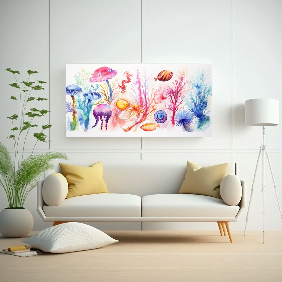 GENERICO - Cuadro Decorativo Simétrico Mar Vida Acuarelas 60x30 Cm