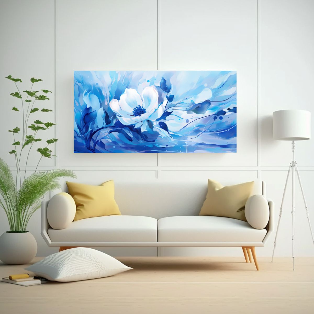 GENERICO - Arte Cuadro Simetría En Blanco Y Azul Estilo 100x50 Cm