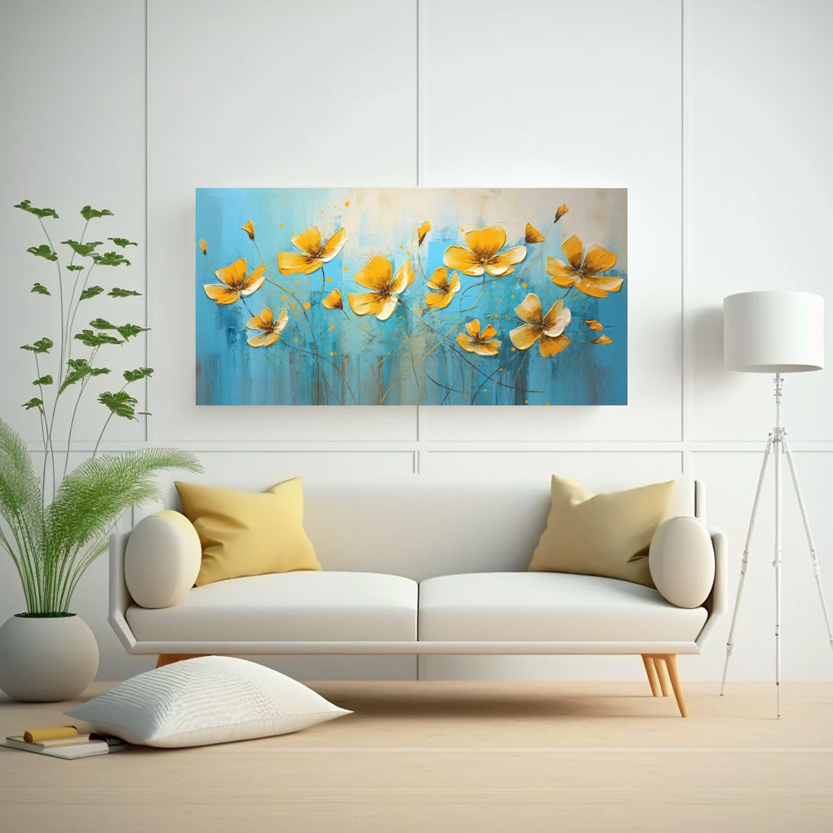 GENERICO - Pintura De Flores Amarillas Y Cian En Lienzo Para 80x40 Cm