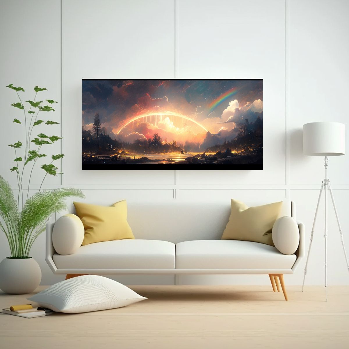 GENERICO - Pintura Abstracta Luminosa Con Arcoíris Y Negro 100x50 Cm