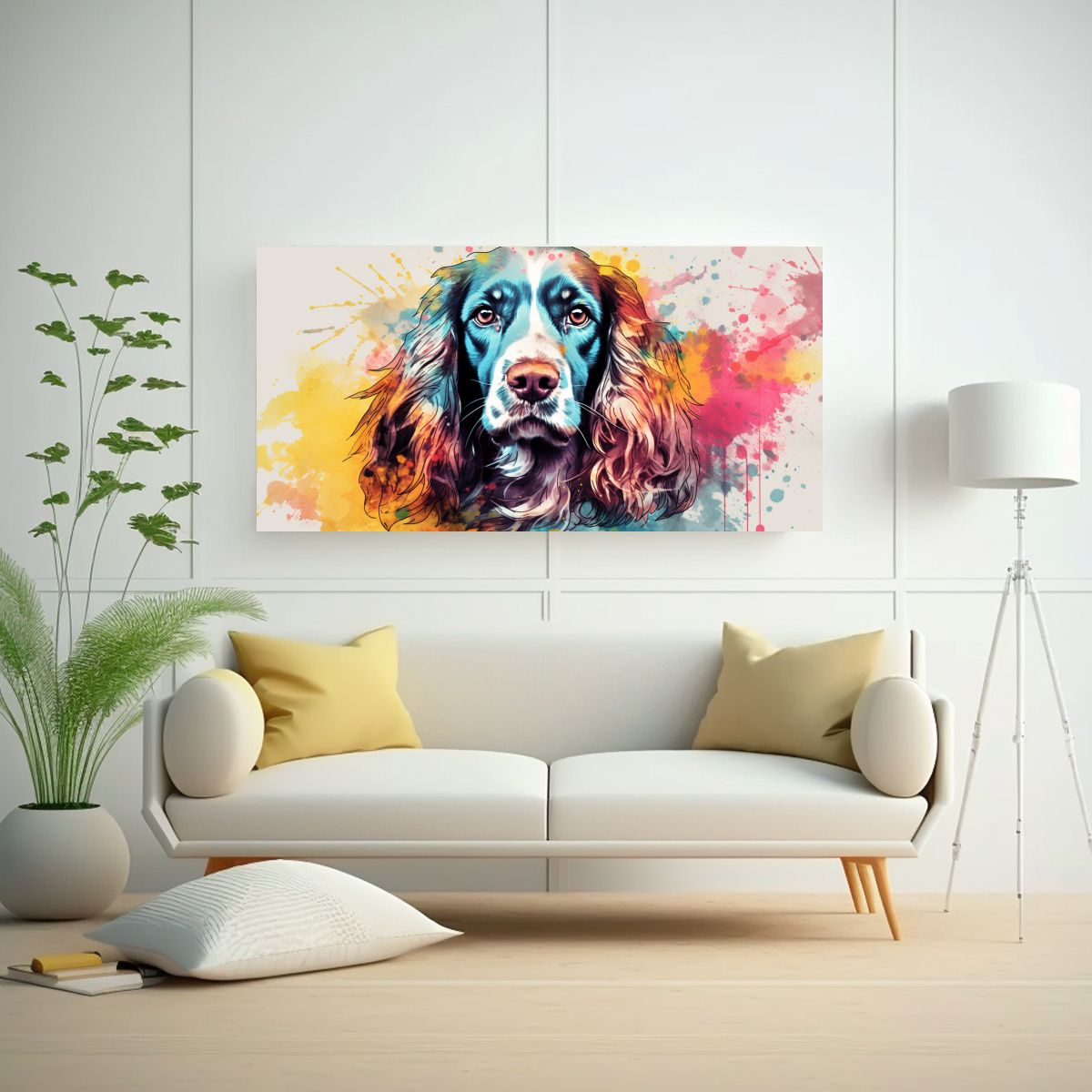 GENERICO - Pintura Spaniel Colorida En Acuarelas Estilo 100x50 Cm