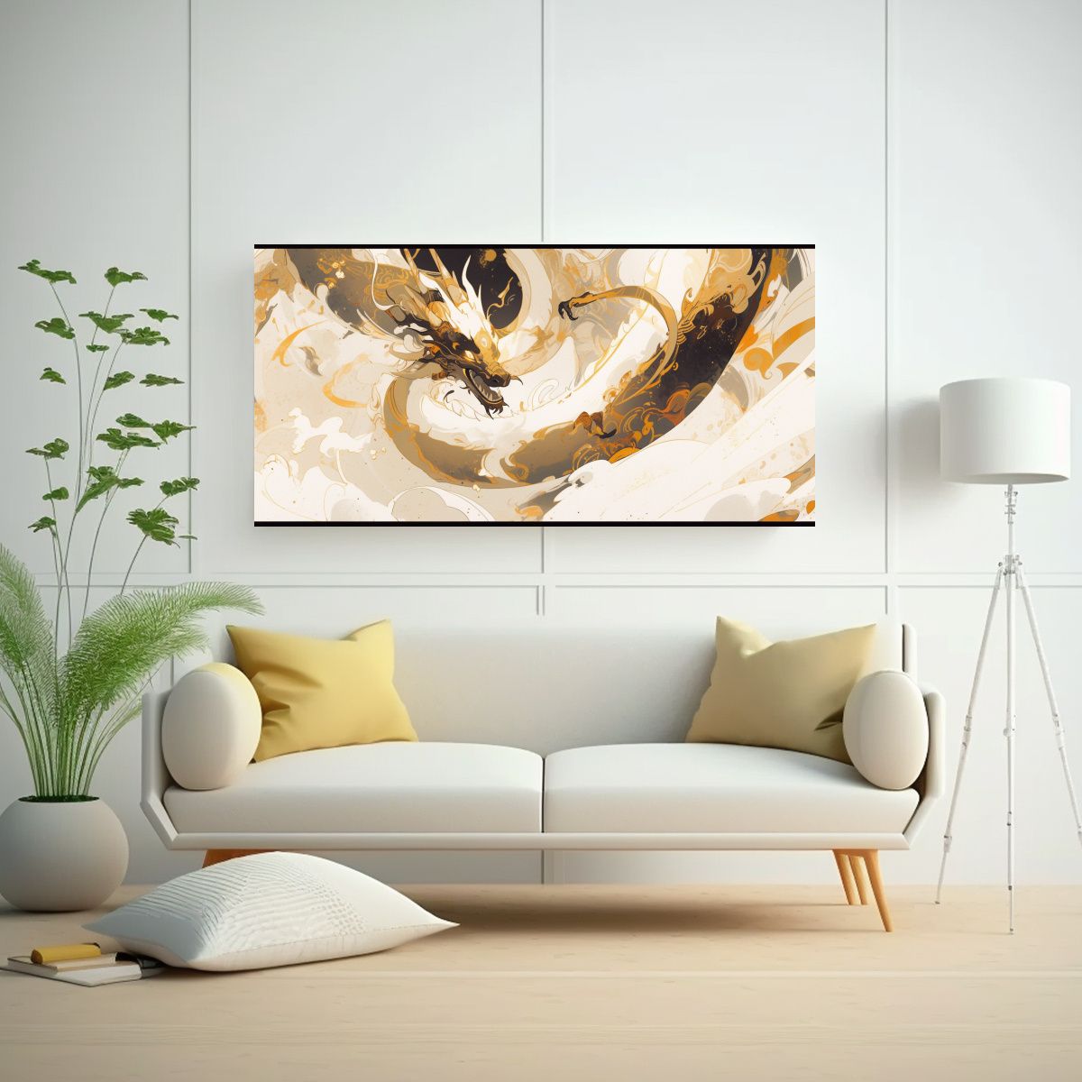 GENERICO - Fotografía De Dragón En Blanco Y Dorado 60x30 Cm