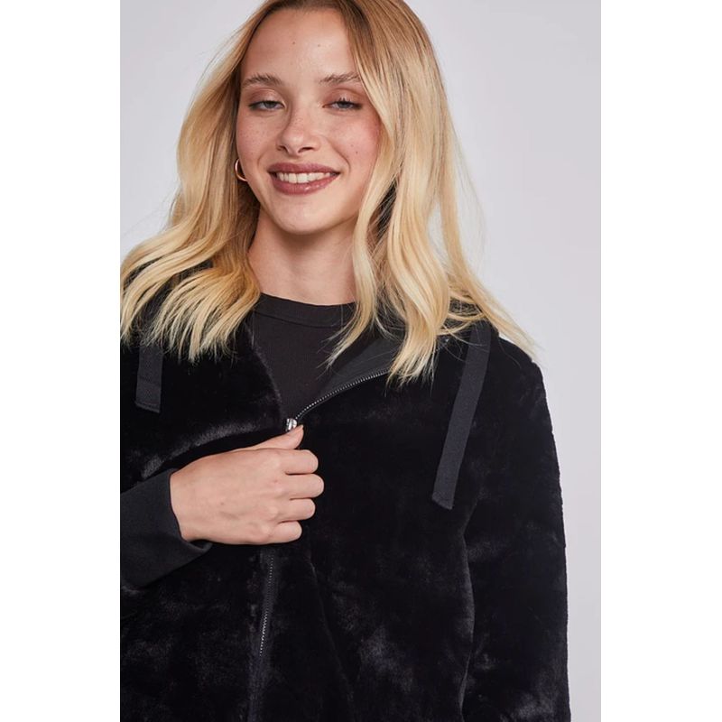 VELT - Chaqueta Tipo Polerón Peluda Negra Mujer Invierno