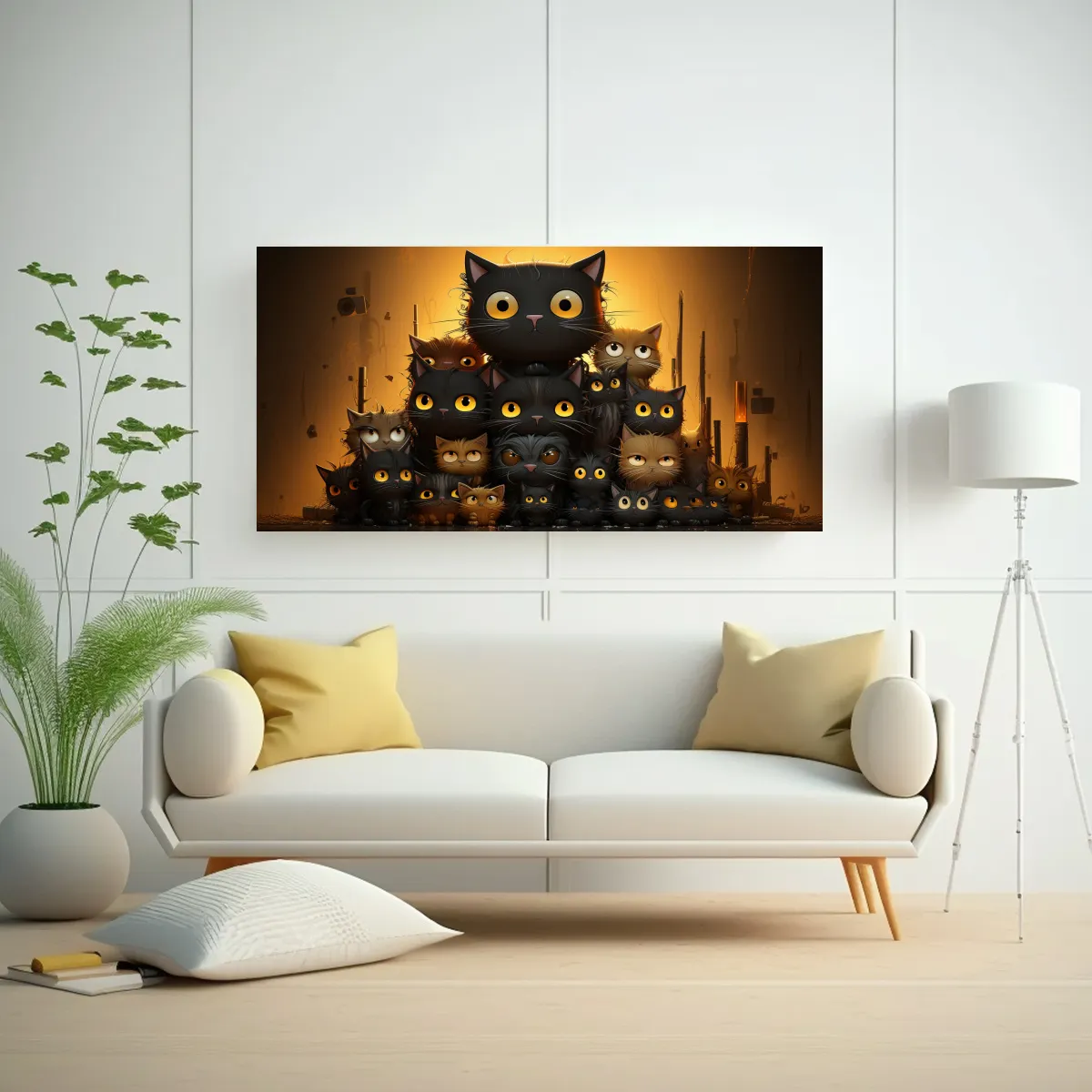 GENERICO - Cuadro Gatos Coloridos Sobre Fondo Naranja 60x30 Cm