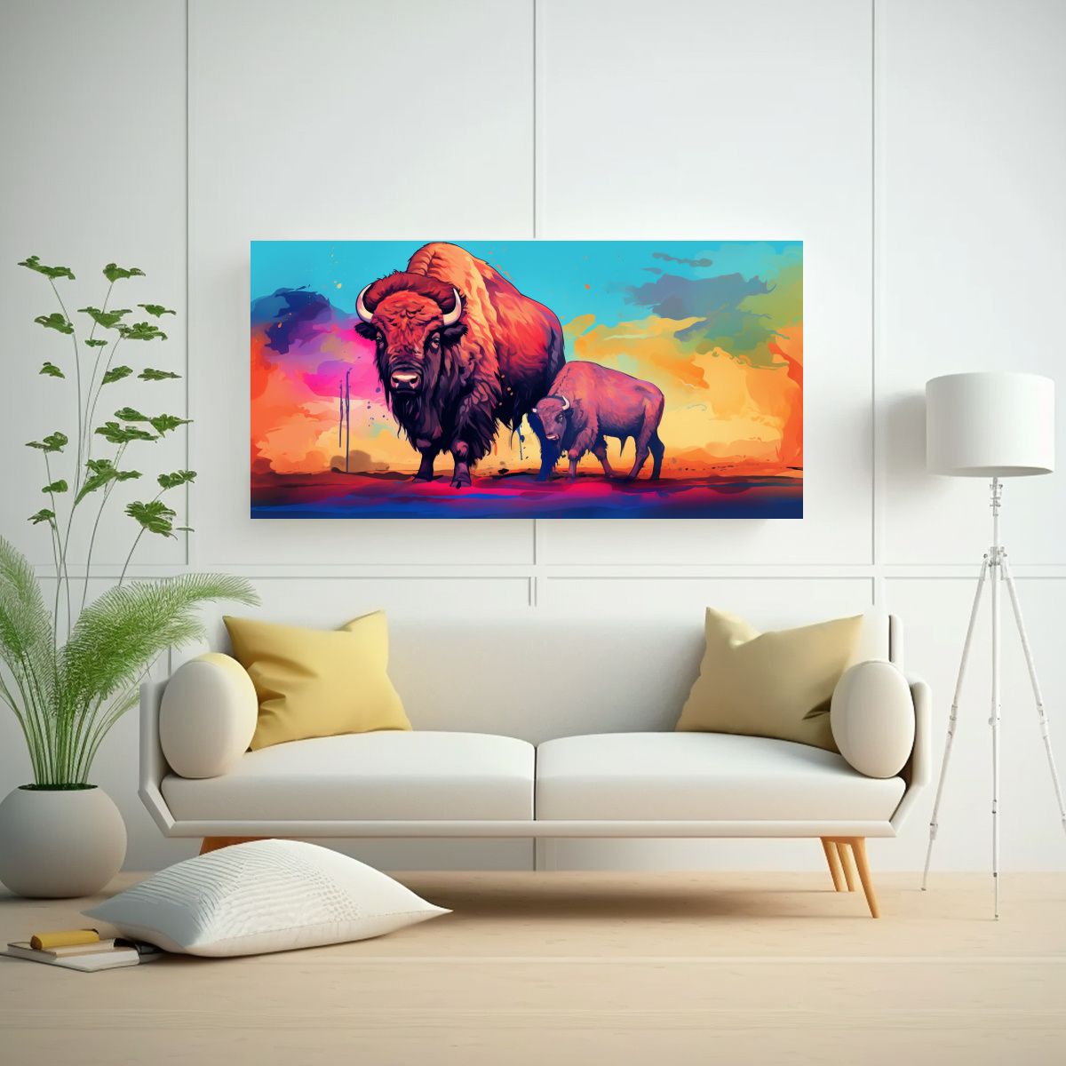 GENERICO - Pintura Acuarela Colorida Búfalo Bisonte Estilo 100x50 Cm