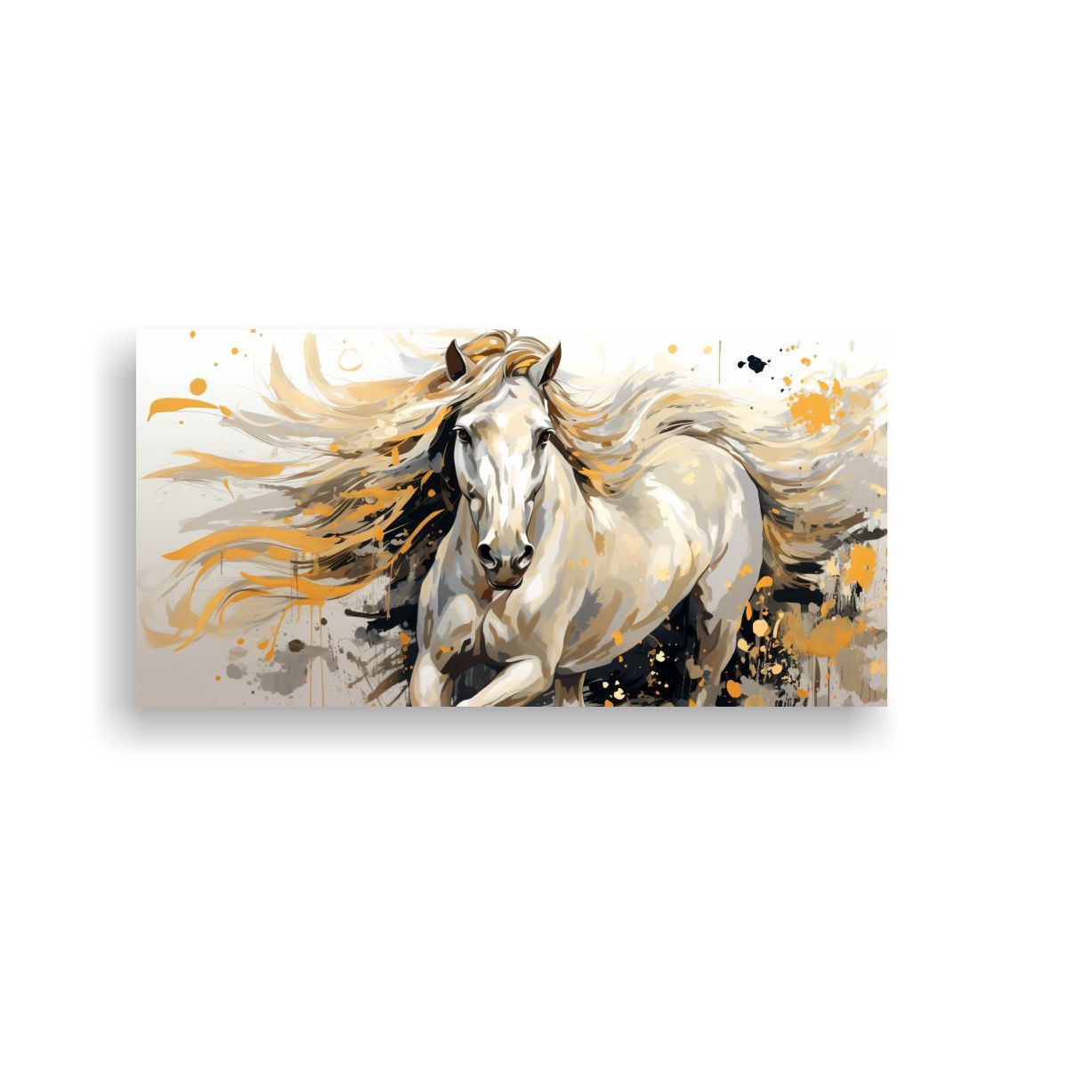 GENERICO - Cuadro Arte Pared Caballo Frisón Blanco Y Oro 80x40 Cm