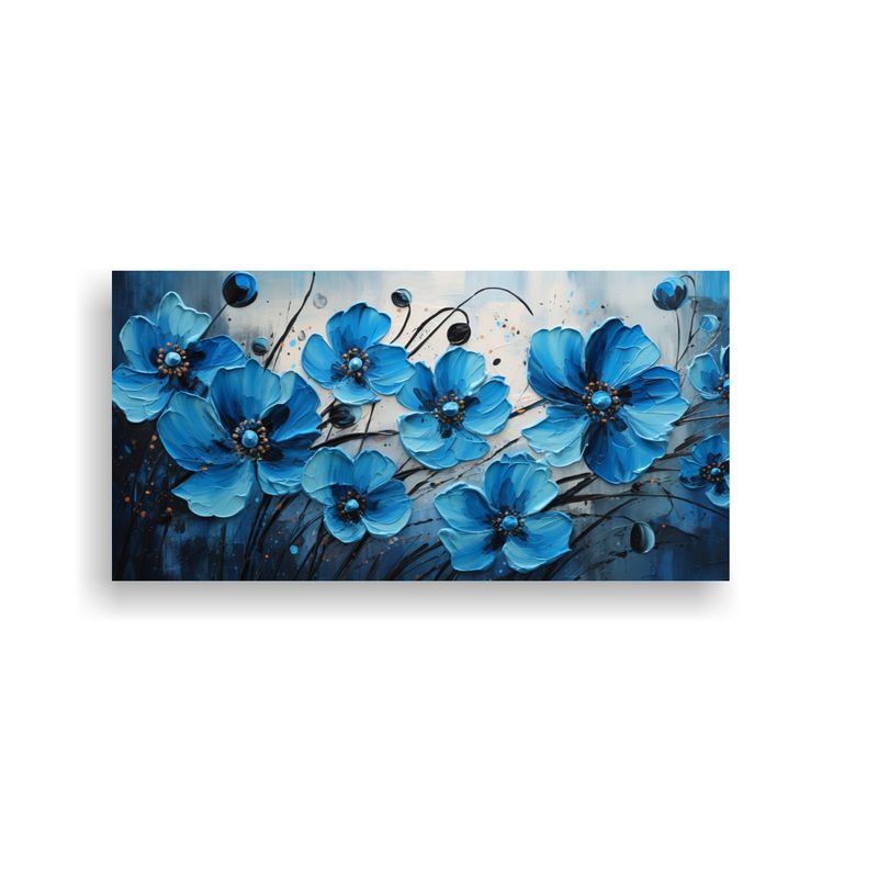 GENERICO - 1 Cuadro Concepto Relieve Flores En Negro Y Azul 60x30 Cm