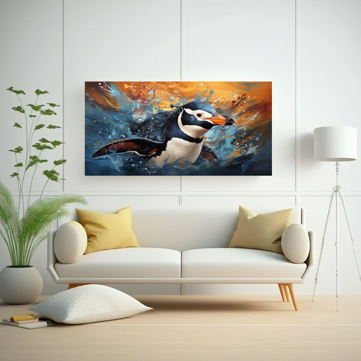 GENERICO - Pintura Neo Pop De Un Pingüino En Colores Aqua Y 80x40 Cm