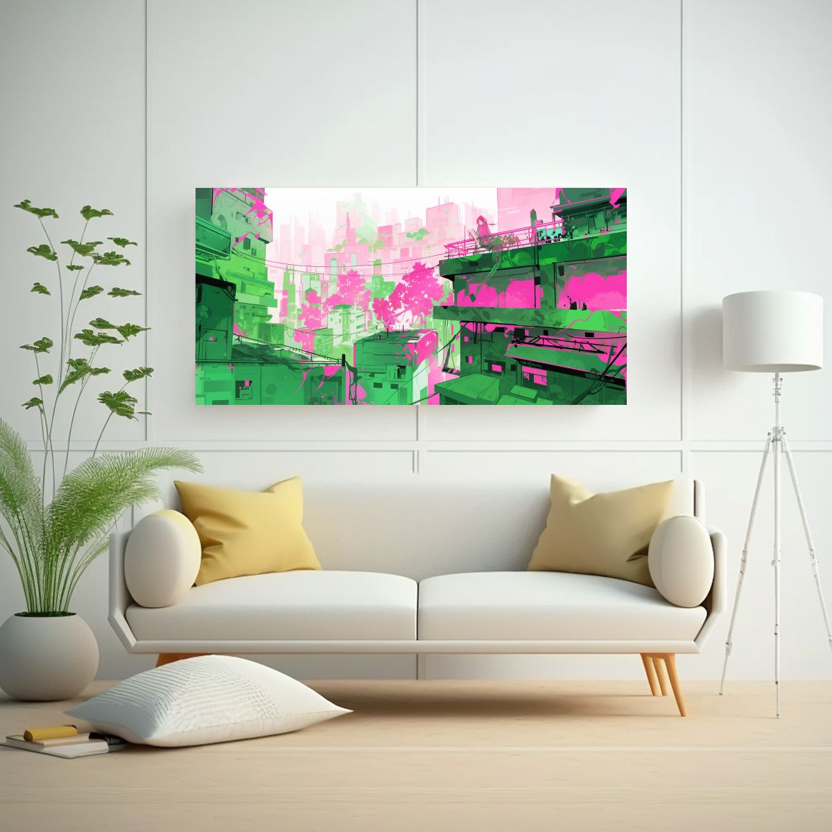 GENERICO - Lienzo Abstracto Creativo En Verde Y Rosa Para 60x30 Cm