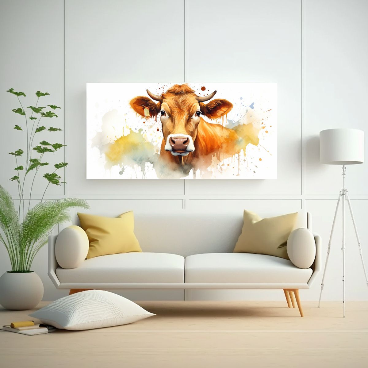 GENERICO - Cuadro De Vaca Jersey En Acuarelas Coloridas De 100x50 Cm