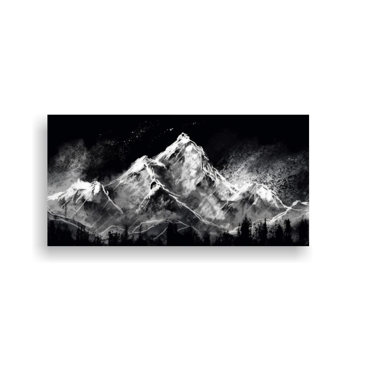 GENERICO - Cuadro Floral Negro Pintura Tinta Montaña Nieve 80x40 Cm