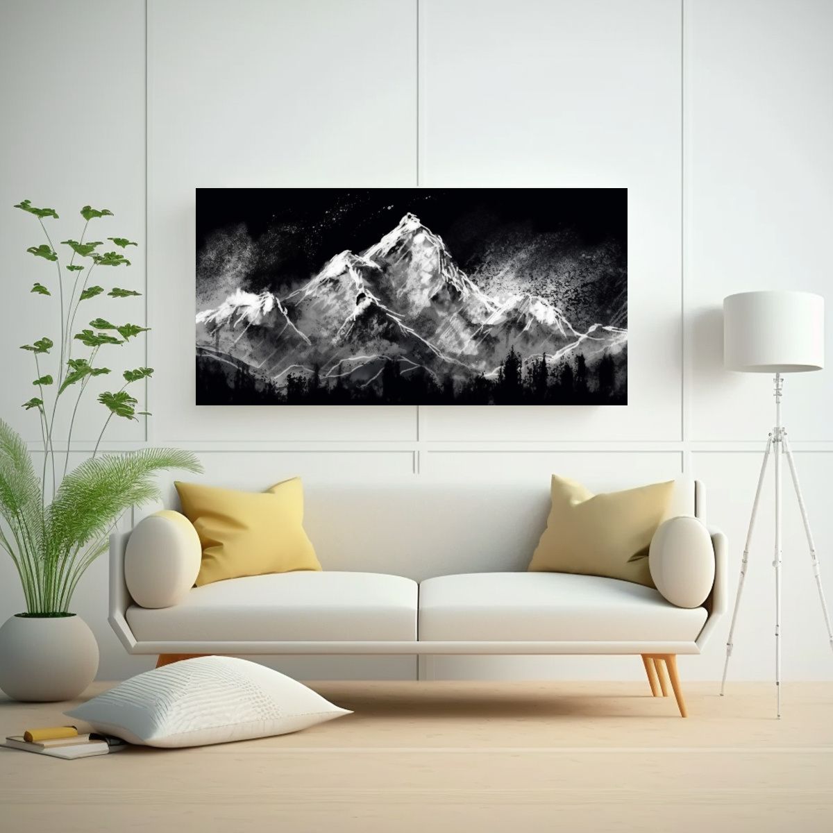GENERICO - Cuadro Floral Negro Pintura Tinta Montaña Nieve 80x40 Cm