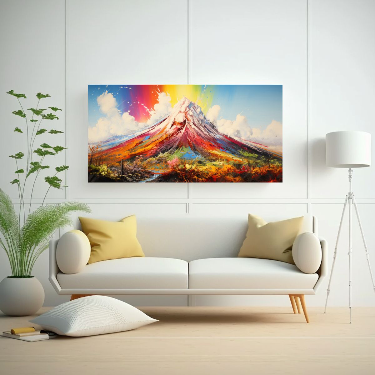 GENERICO - Pintura Abstracta De Volcán Con Arco Iris Y 100x50 Cm
