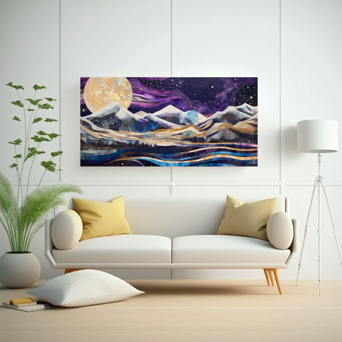 GENERICO - Pintura Paisaje Nocturno Con Luna Y Montañas 80x40 Cm