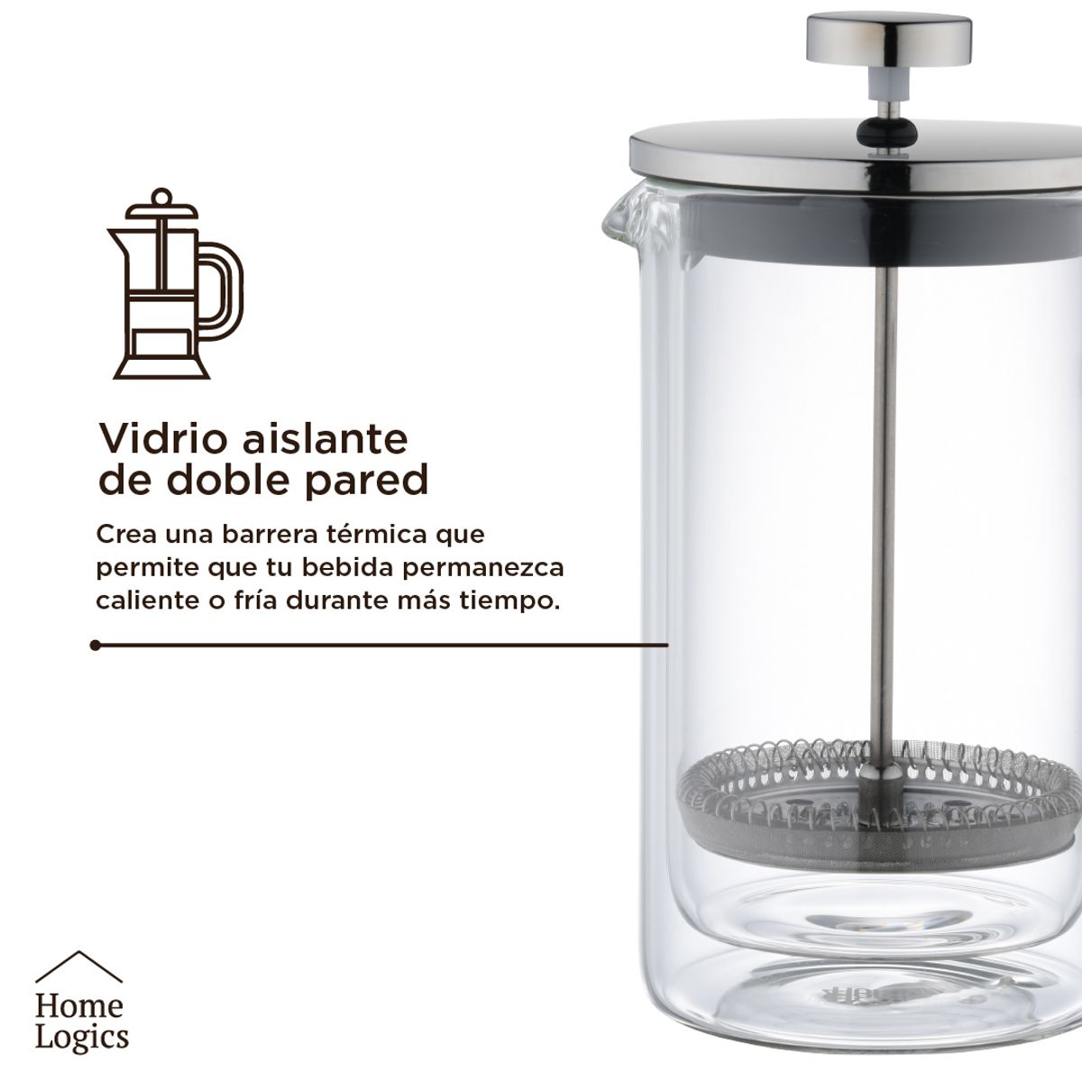 HOME LOGICS - Prensa Francesa Cafetera Café Vidrio Doble Pared 600ml Kiosclub