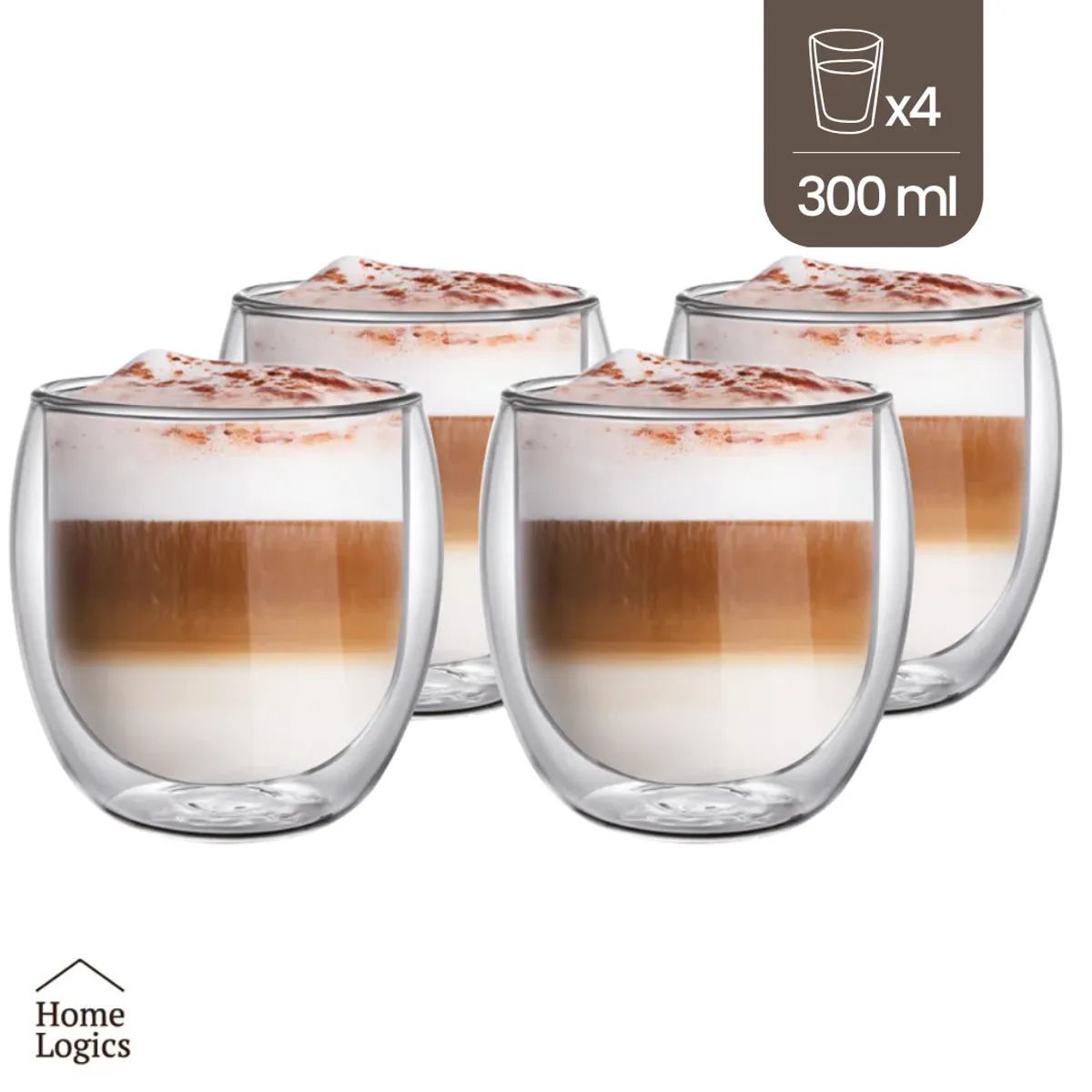 HOME LOGICS - Set 4 Vasos Mugs Vidrio Doble Pared 300 Ml Home Logics