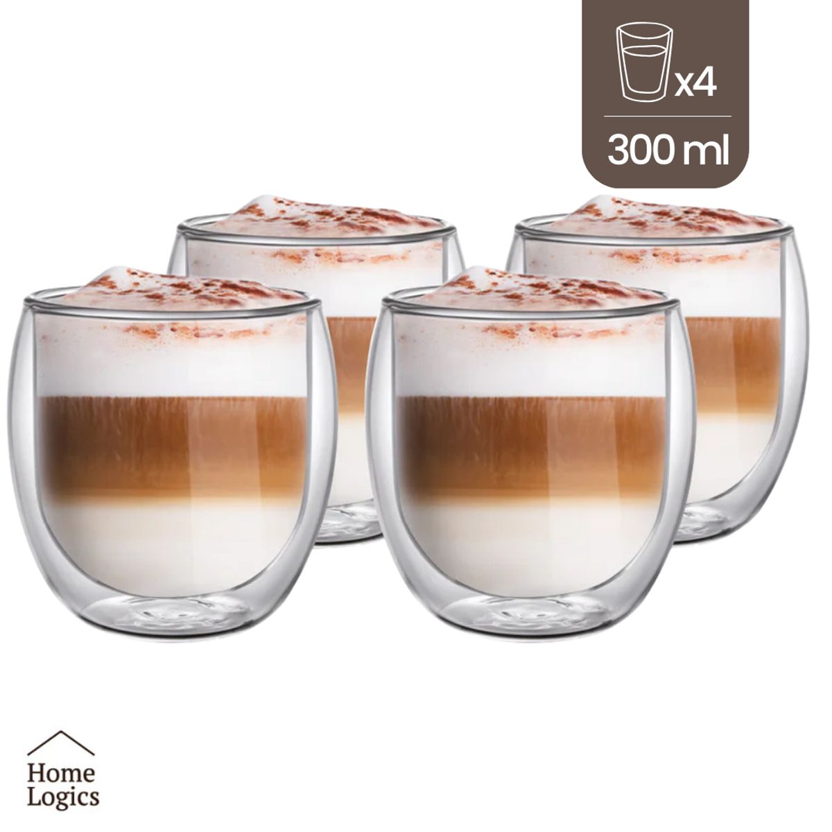 HOME LOGICS - Set 4 Vasos Mugs Vidrio Doble Pared 300 Ml Home Logics