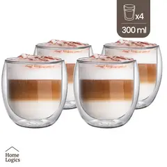 HOME LOGICS - Set 4 Vasos Mugs Vidrio Doble Pared 300 Ml