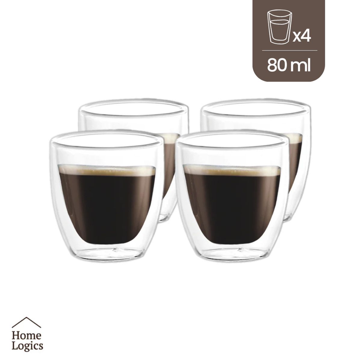 HOME LOGICS - Set 4 Vasos Expresso Vidrio Doble Pared 80 Ml Home Logics Kiosclub