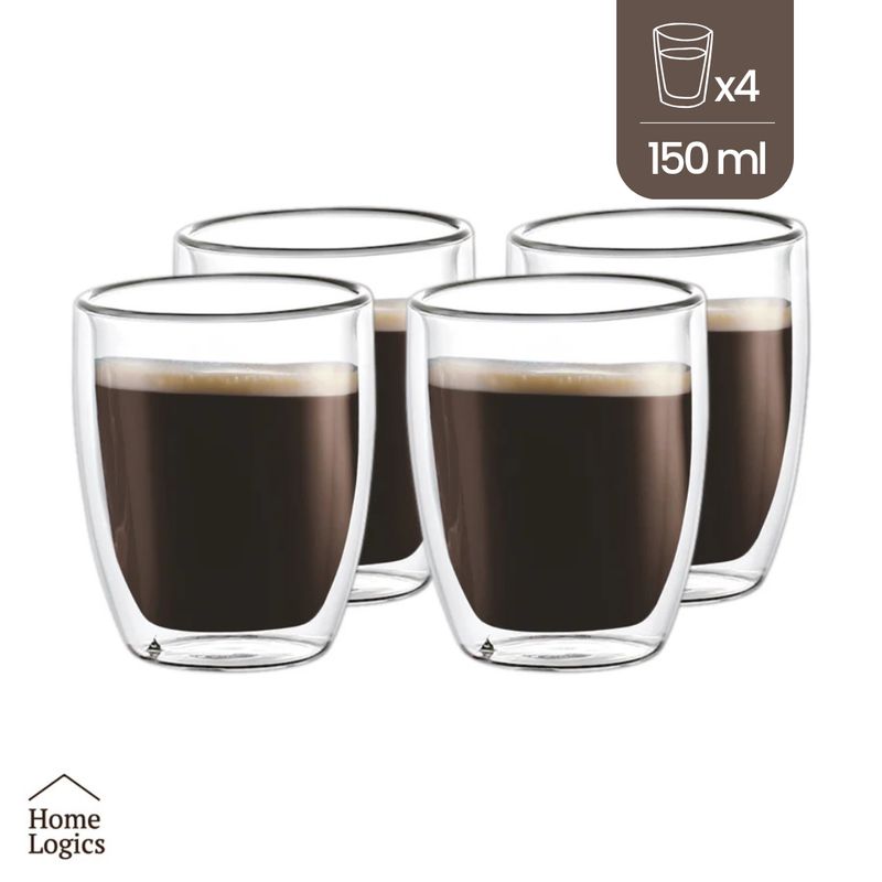 HOME LOGICS - Set 4 Vasos Mugs Vidrio Doble Pared 150 Ml Home Logics