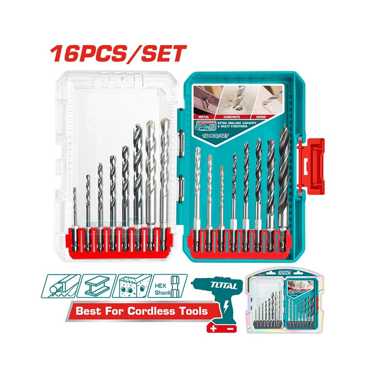 TOTAL TOOLS - Set 16 piezas Broca para Metal, Madera y Mamposteria  TOTAL