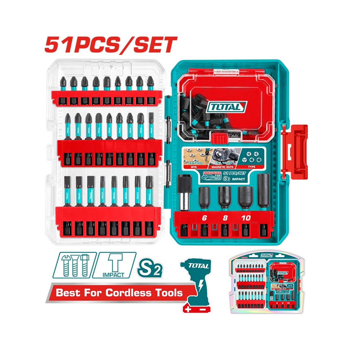 TOTAL TOOLS - Set 51 piezas de puntas de Impacto