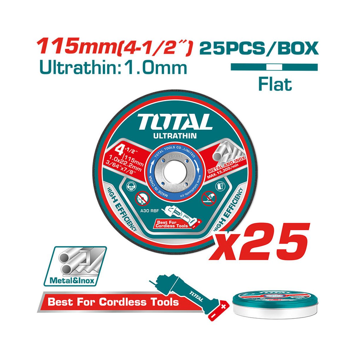 TOTAL TOOLS - Set 25 discos 115mm Ultra finos para Metal TOTAL