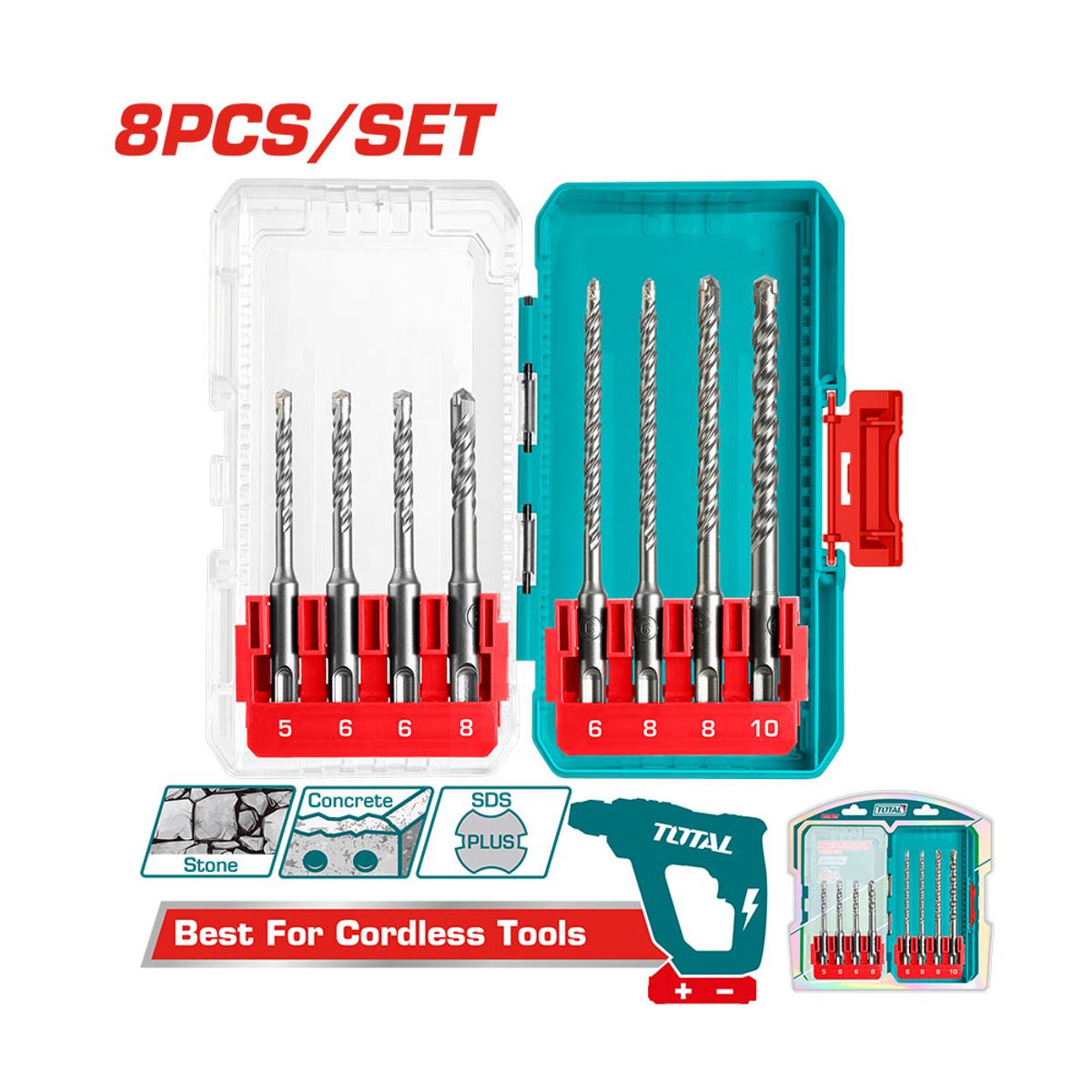 TOTAL TOOLS - Set 8 Piezas Brocas SDS Plus TOTAL