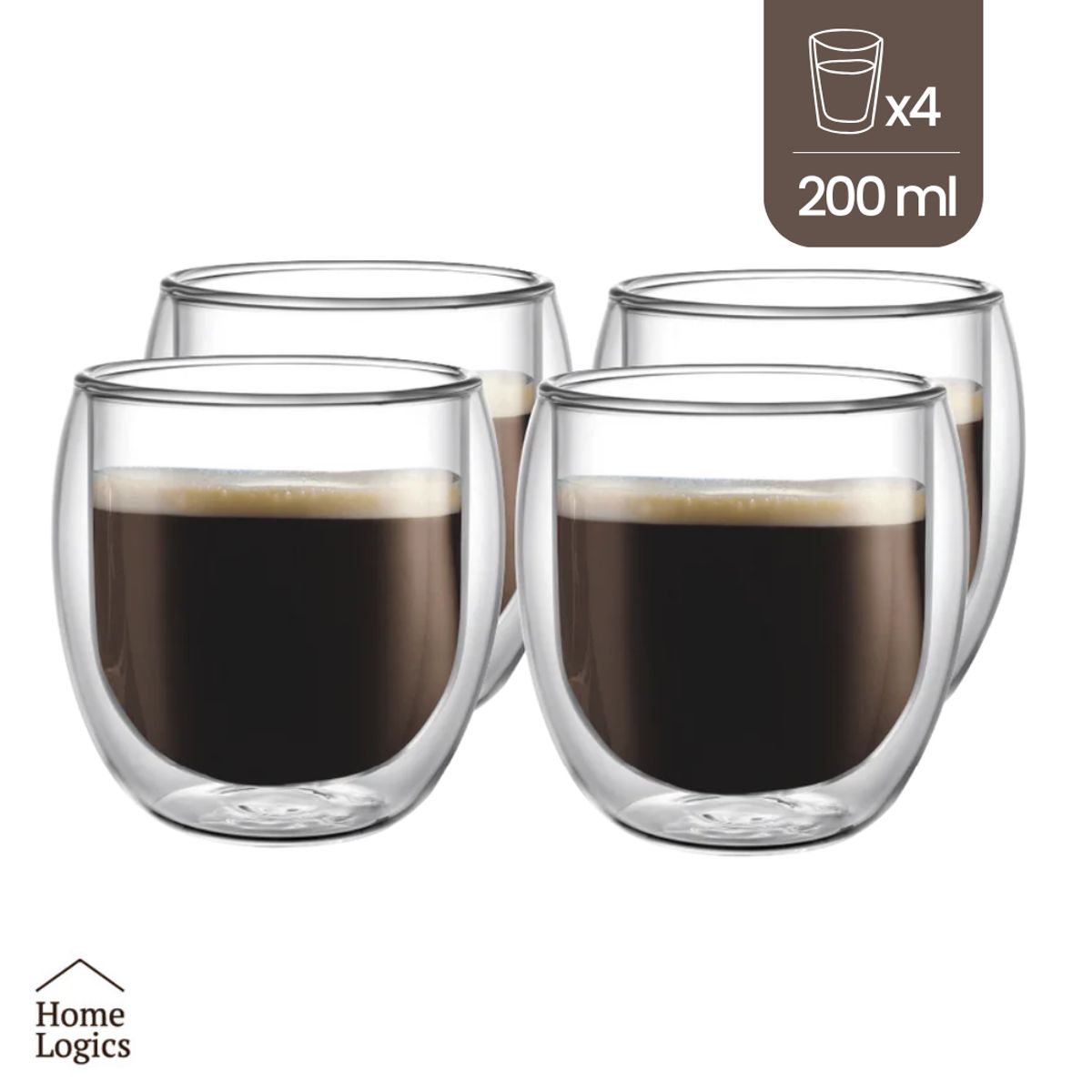 HOME LOGICS - Set 4 Vasos De Vidrio Doble Pared 200ml Café Té Home Logics Kiosclub