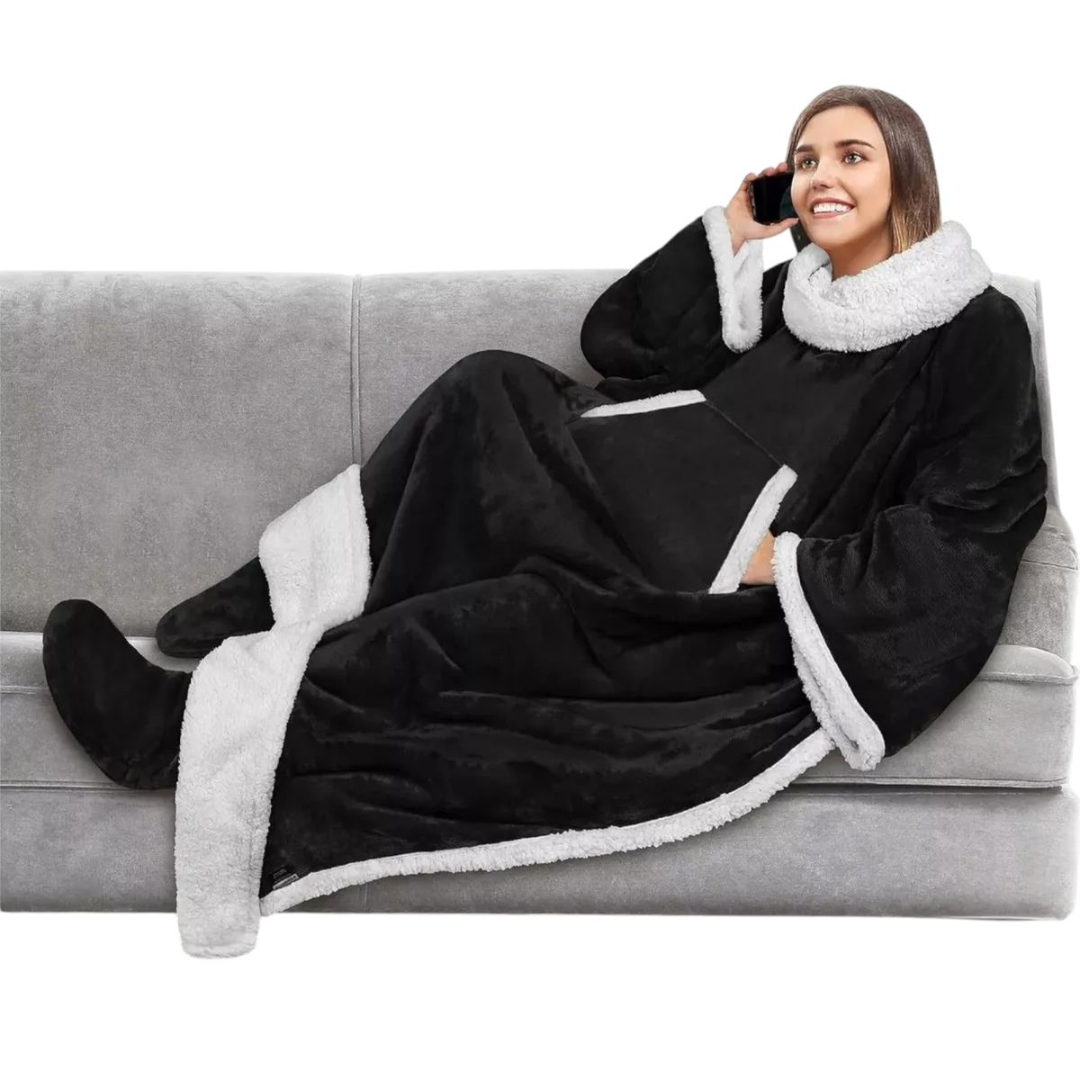 GENERICO - Manta De Sherpa Chiporro Con Mangas Y Bolsillo Para Los Pies