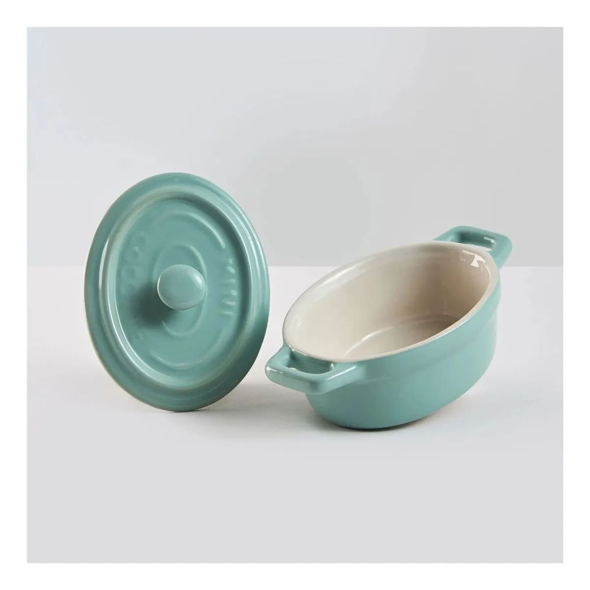 KITCHENWARE - 4 Pocillos / Ramekin De Cerámica Con Tapa Horno Celeste