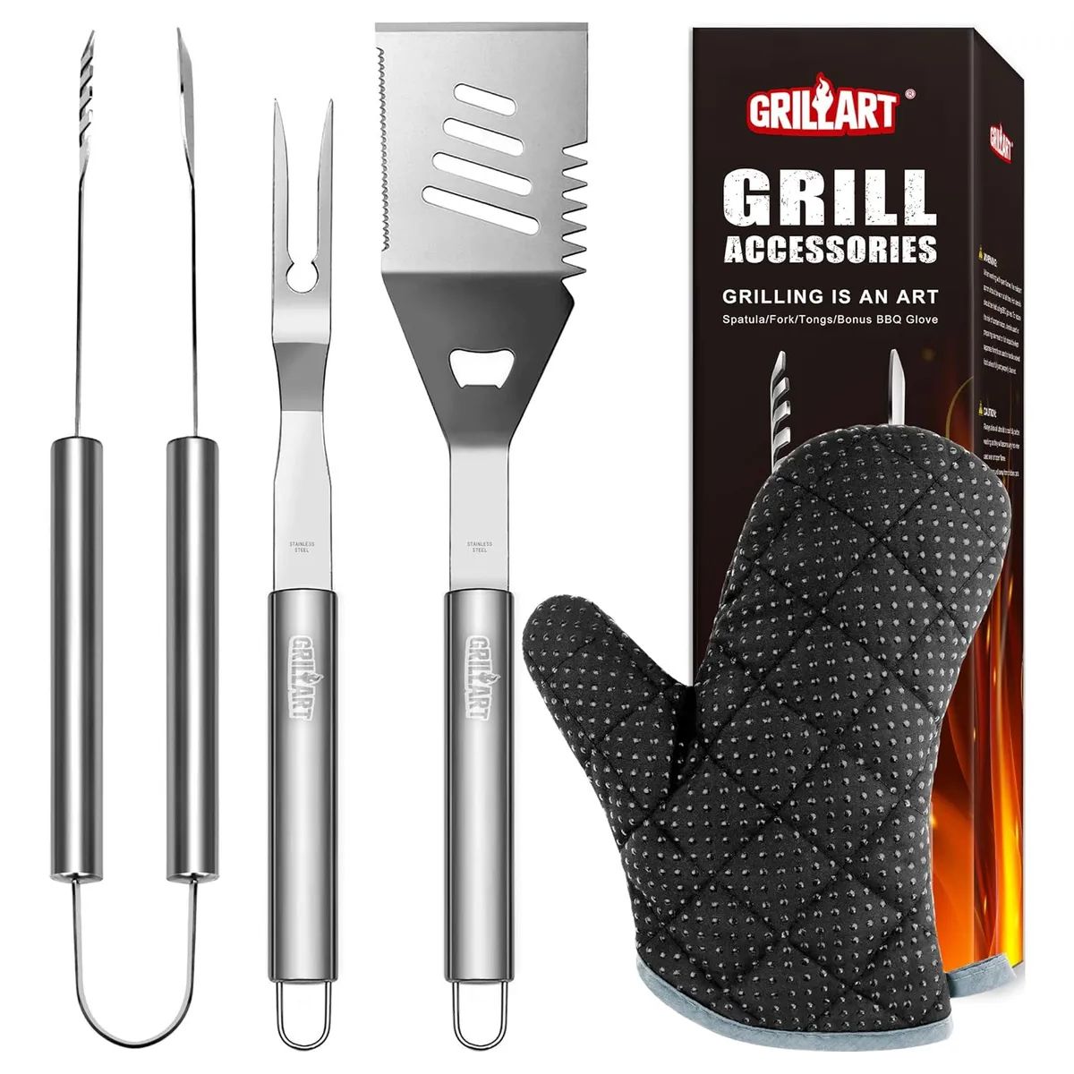 PUREPOWER - Juego Utensilios Parrilla 4Pzs Acero Inoxidable Mango Anticalórico