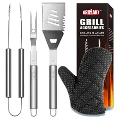 PUREPOWER - Juego Utensilios Parrilla 4Pzs Acero Inoxidable Mango Anticalórico