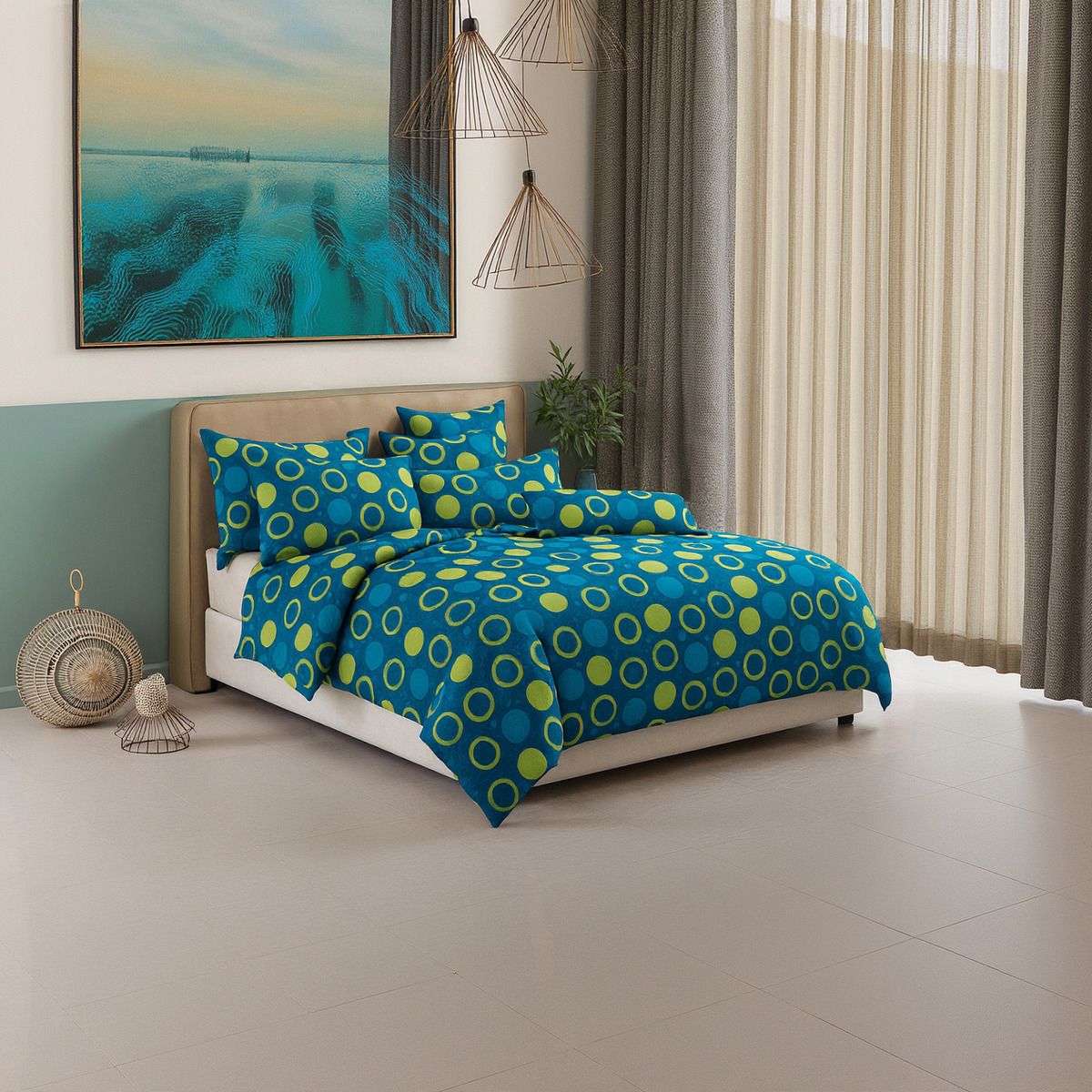 ALTERNATIVE - Juego Textil De Sábanas 800 Hilos 25 Plz Círculos Verde Azul 826