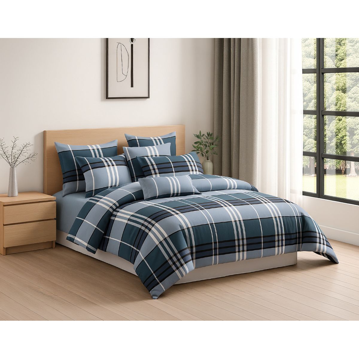 ALTERNATIVE - Kit De Sabanas 25 Plz 800 Hilos Escocés Azul Clásico 822