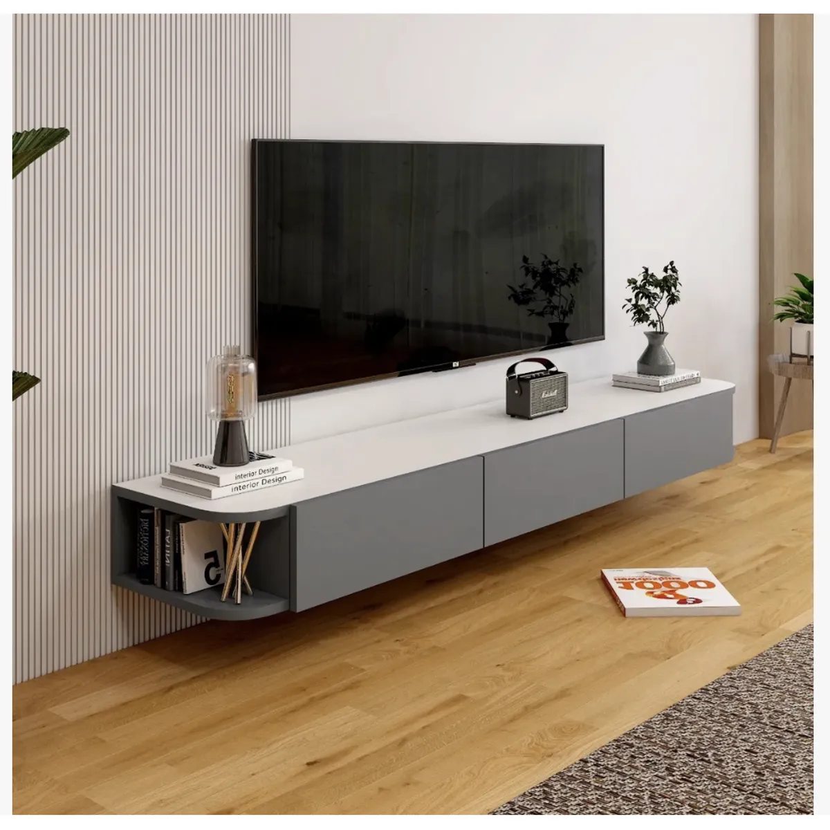 HOMER DESIGN - Rack Tv Flotante 160cm De Ancho 3 Puertas Hecho Melamina DSG024160-W