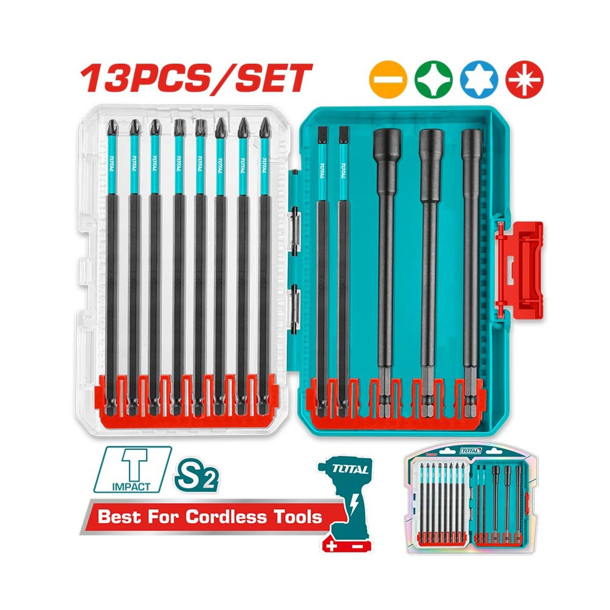 TOTAL TOOLS - Set 13 piezas Puntas de Destornillador de Impacto Total