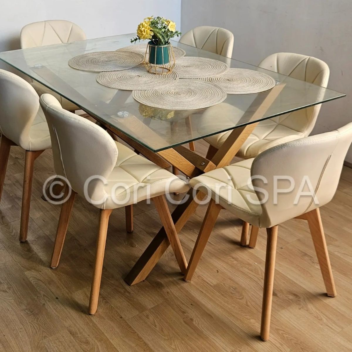 CORI CORI - Comedor Medlock 140x90cms + 6 Sillas Mariposa Ecocuero Wood Beige