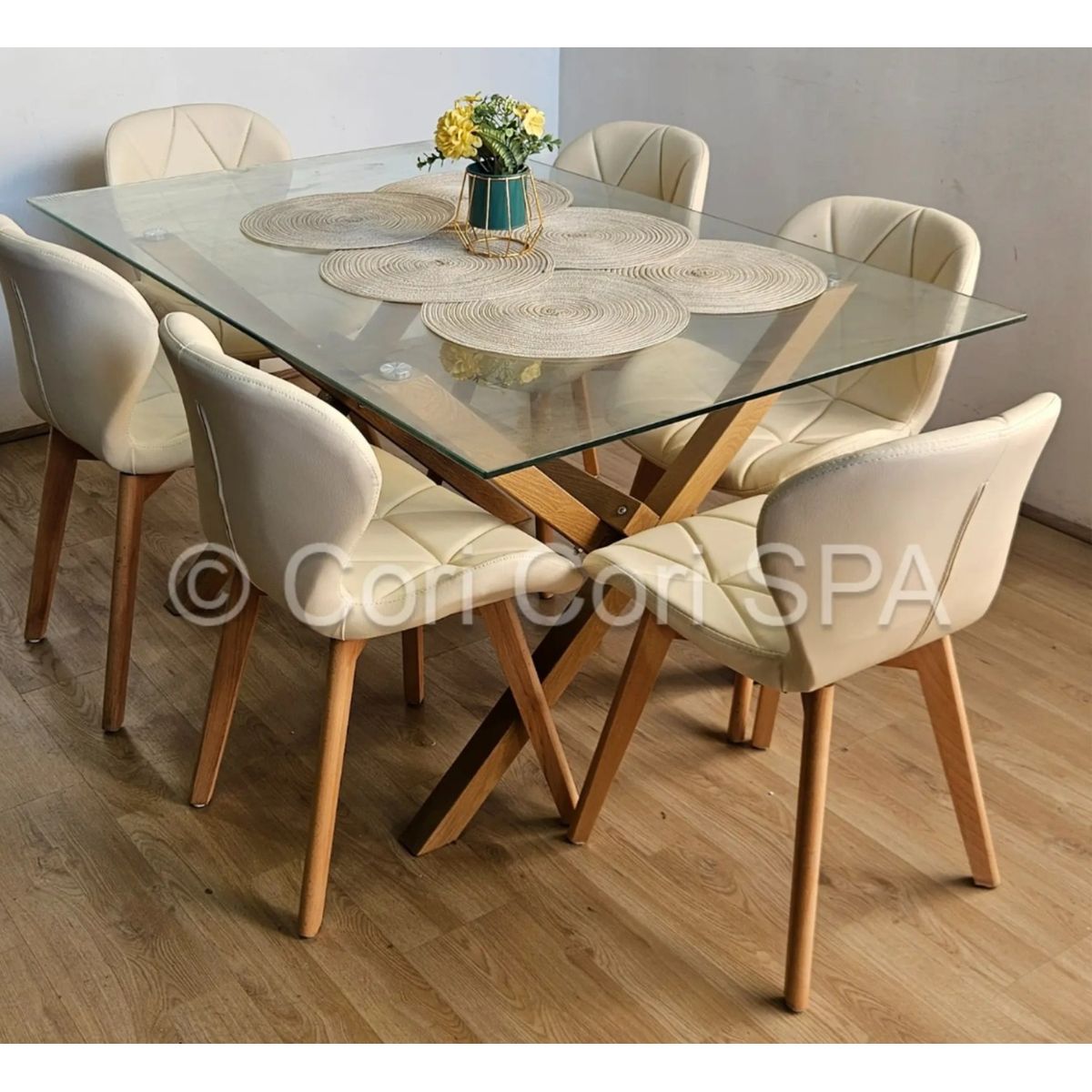 CORI CORI - Comedor Medlock 140x90cms + 6 Sillas Mariposa Ecocuero Wood Beige