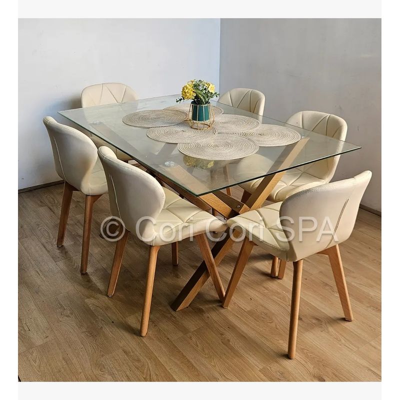CORI CORI - Comedor Medlock 140x90cms + 6 Sillas Mariposa Ecocuero Wood Beige